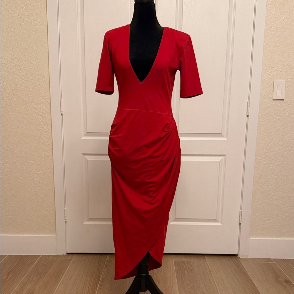 Fleur du Mal Red Deep Plunge Midi Dress with Side Ruching